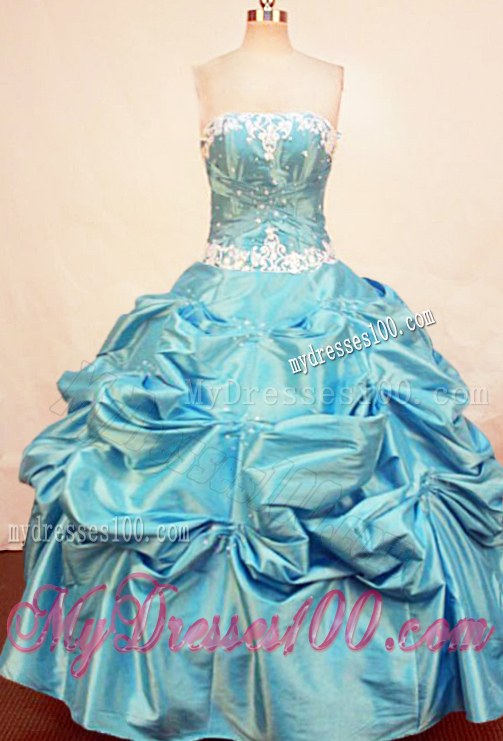 Strapless Appliques with Beading Pick Ups Blue Taffeta Dress for Quince
